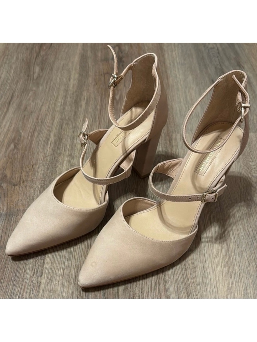 Antonio Melani Nude Leather Pointed Toe Ankle Strap Block Heels 9M